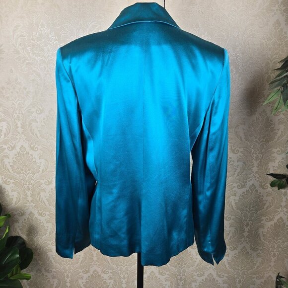 Valerie Stevens Size 12 Turquoise Blazer 100% Silk 1 Button Front Closure Lined - Picture 6 of 12